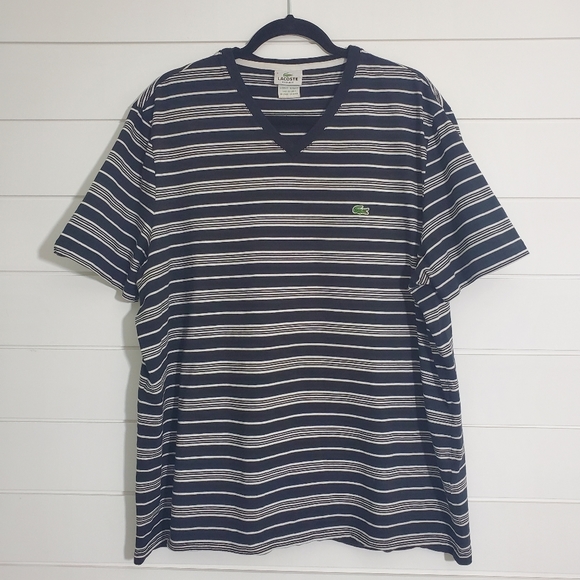 Lacoste Vintage Men's Regular Fit Striped V-neck Short Sleeve T-Shirt. Size: 9 - Picture 1 of 8